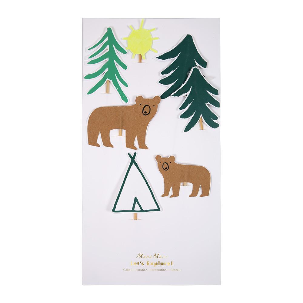 Adesivos decorativos de ursos, árvores e tenda com sol em fundo branco