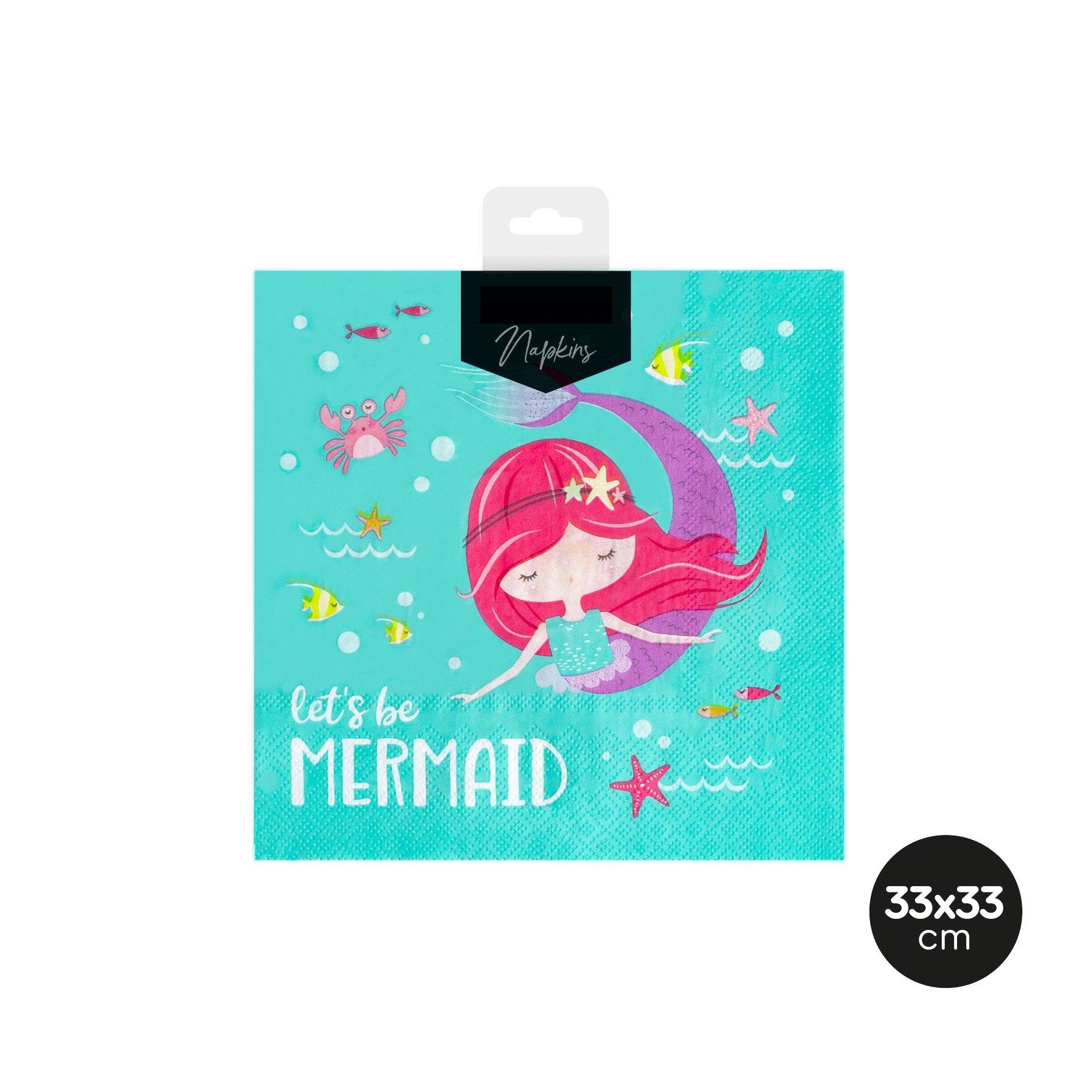 Guardanapo azul com desenho de sereia, peixes e texto 'let's be MERMAID'