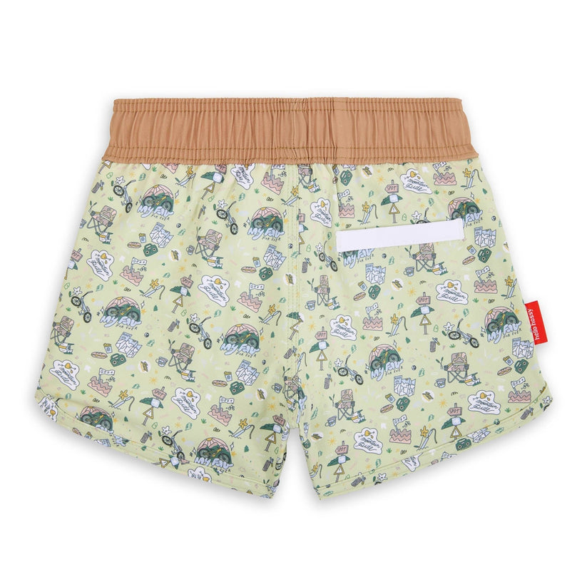 Calções para criança amarelos com padrão colorido e cinto elástico castanho