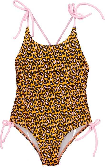 Fato de banho de uma peça com padrão animal print em amarelo, preto e rosa e alças cor-de-rosa