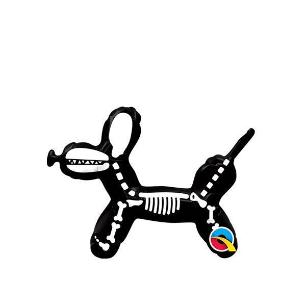 Balão preto em forma de cão com padrão de ossos brancos