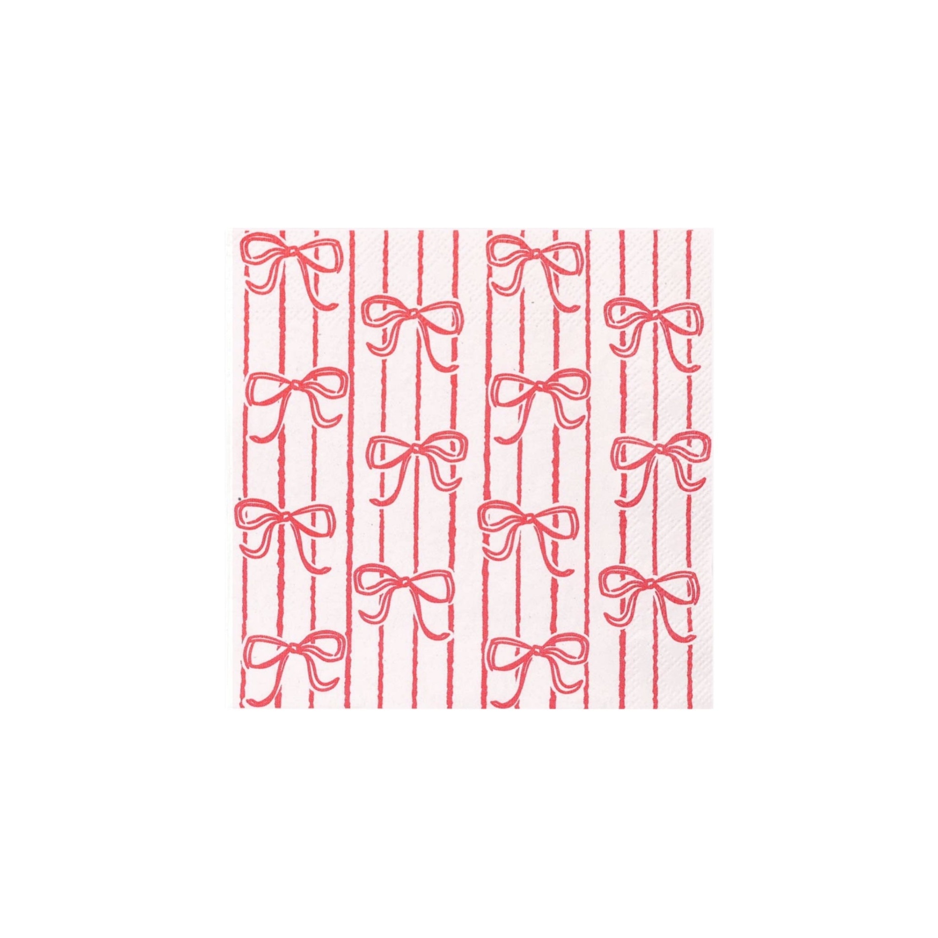 Guardanapo branco com laços vermelhos em faixas verticais.