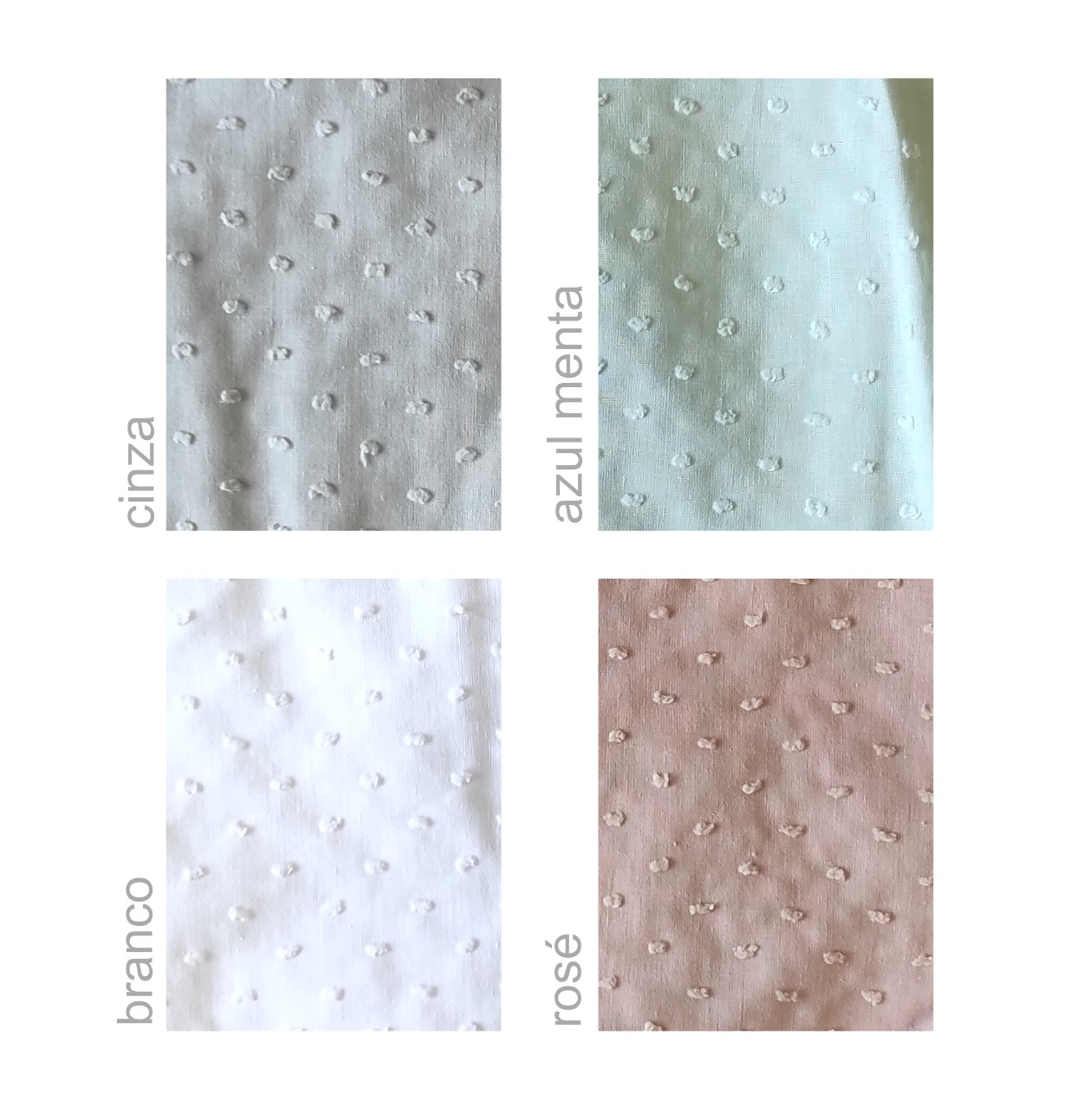 Quatro amostras de tecidos coloridos com textura pontilhada e nomes das cores ao lado