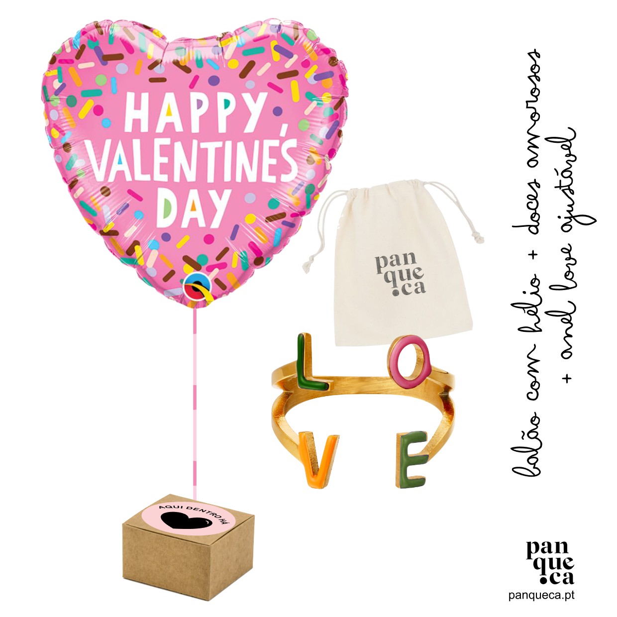 Balão de coração rosa com texto HAPPY VALENTINES DAY, pulseira dourada LOVE, saco de algodão e caixa de papelão.