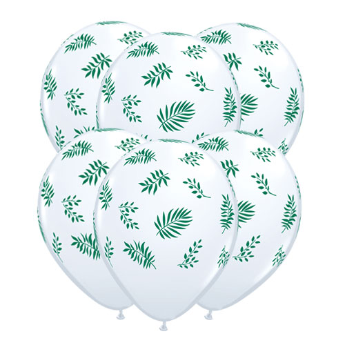 Conjunto de cinco balões brancos com padrão de folhas verdes