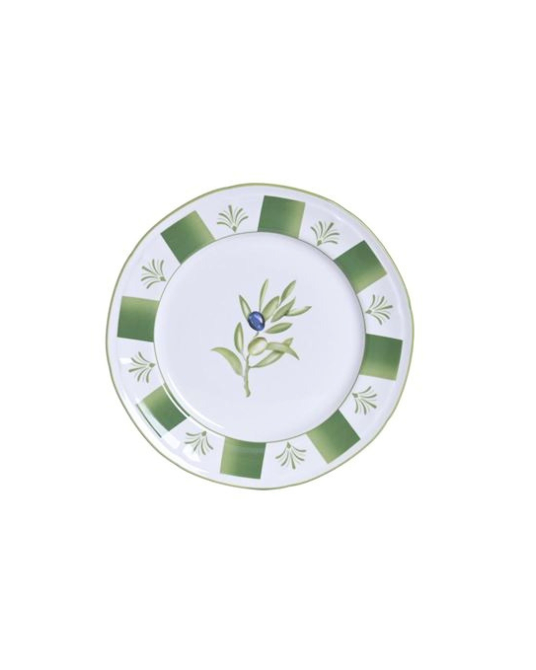 Prato circular branco com decoração verde de ramos e quadrados