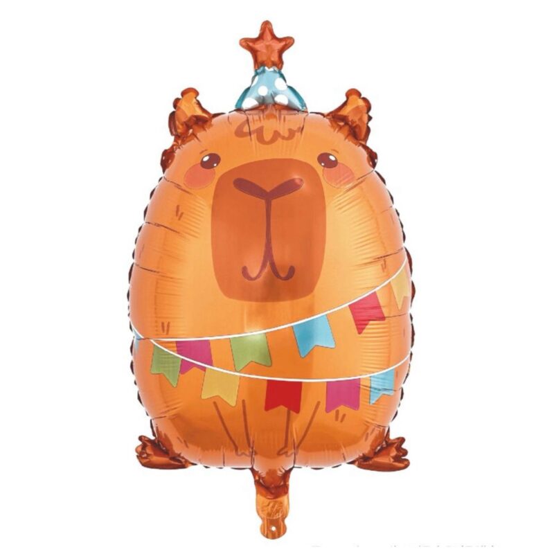 Balão de alumínio em forma de urso laranja com chapéu e bandeirolas coloridas