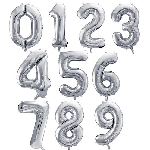 Balões metálicos prateados em forma de números de 0 a 9