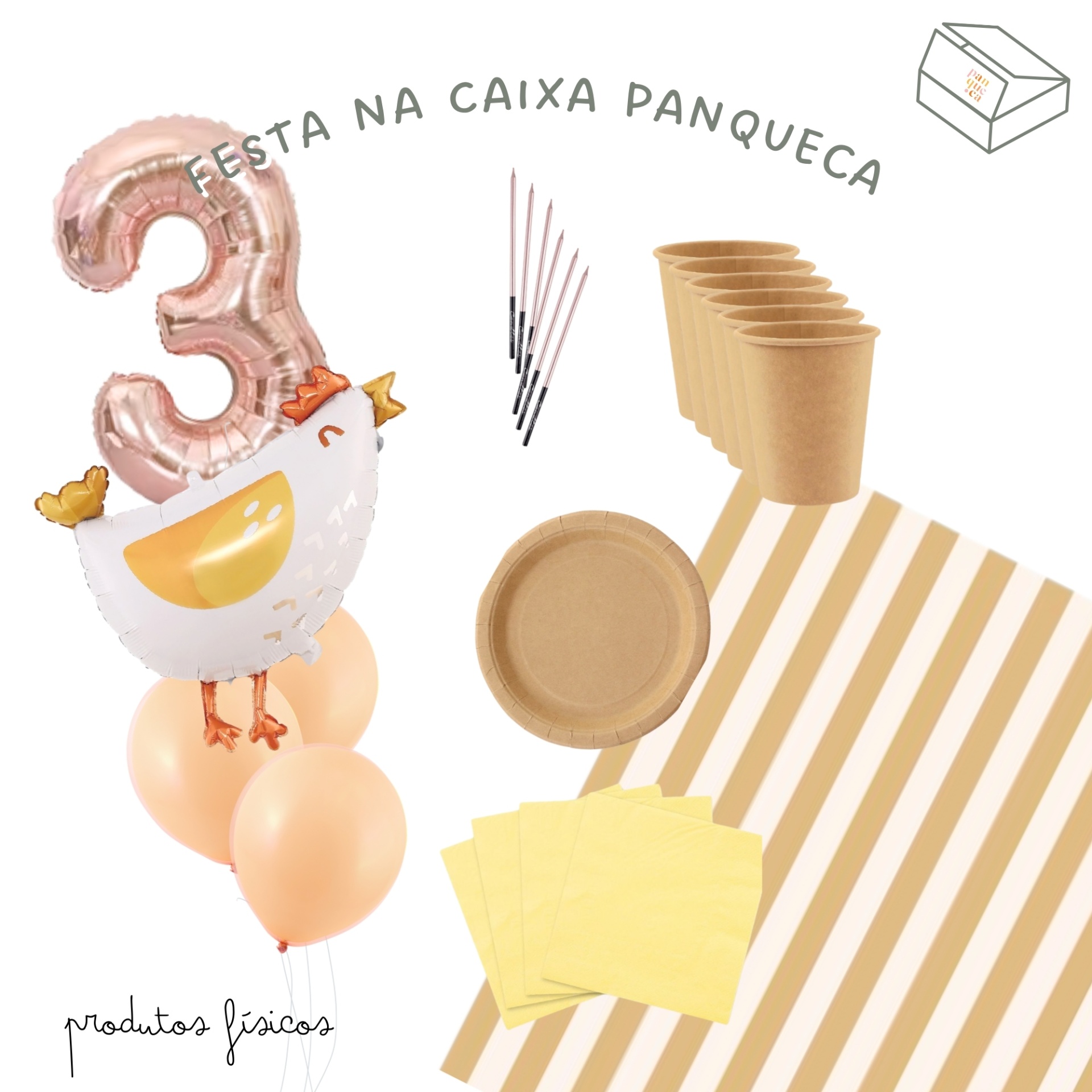 Kit festa com balões número 3 e galinha, velas rosas, copos e prato castanhos, guardanapos amarelos e toalha às riscas amarelas e brancas.