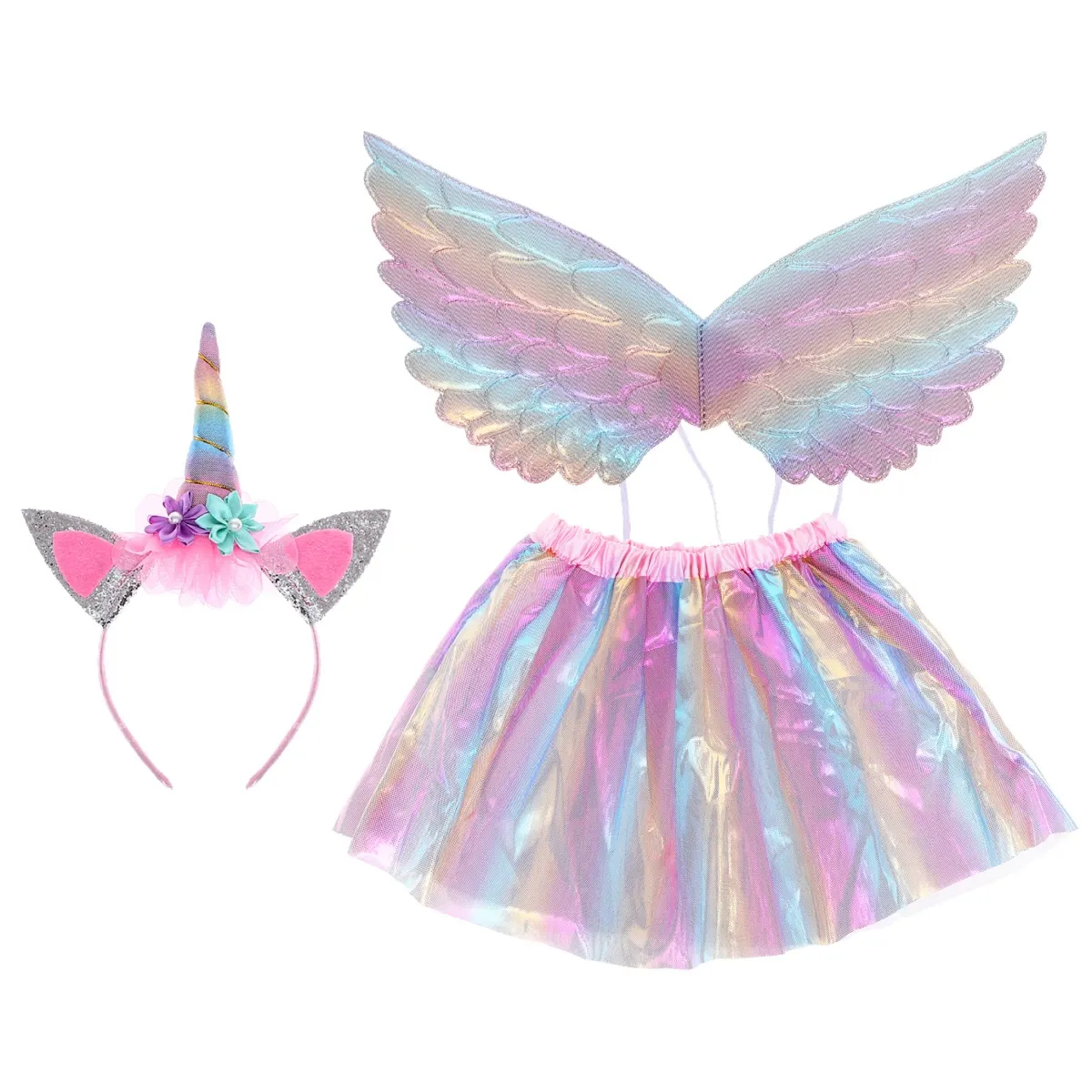 Conjunto fantasia unicórnio com tiara, saia de tule e asas iridescentes