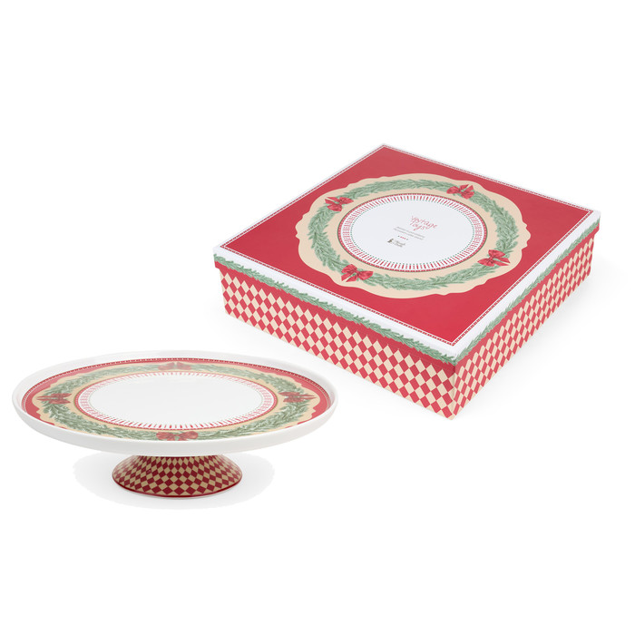 Base para bolo em cerâmica com padrão xadrez vermelho e branco e decoração natalícia