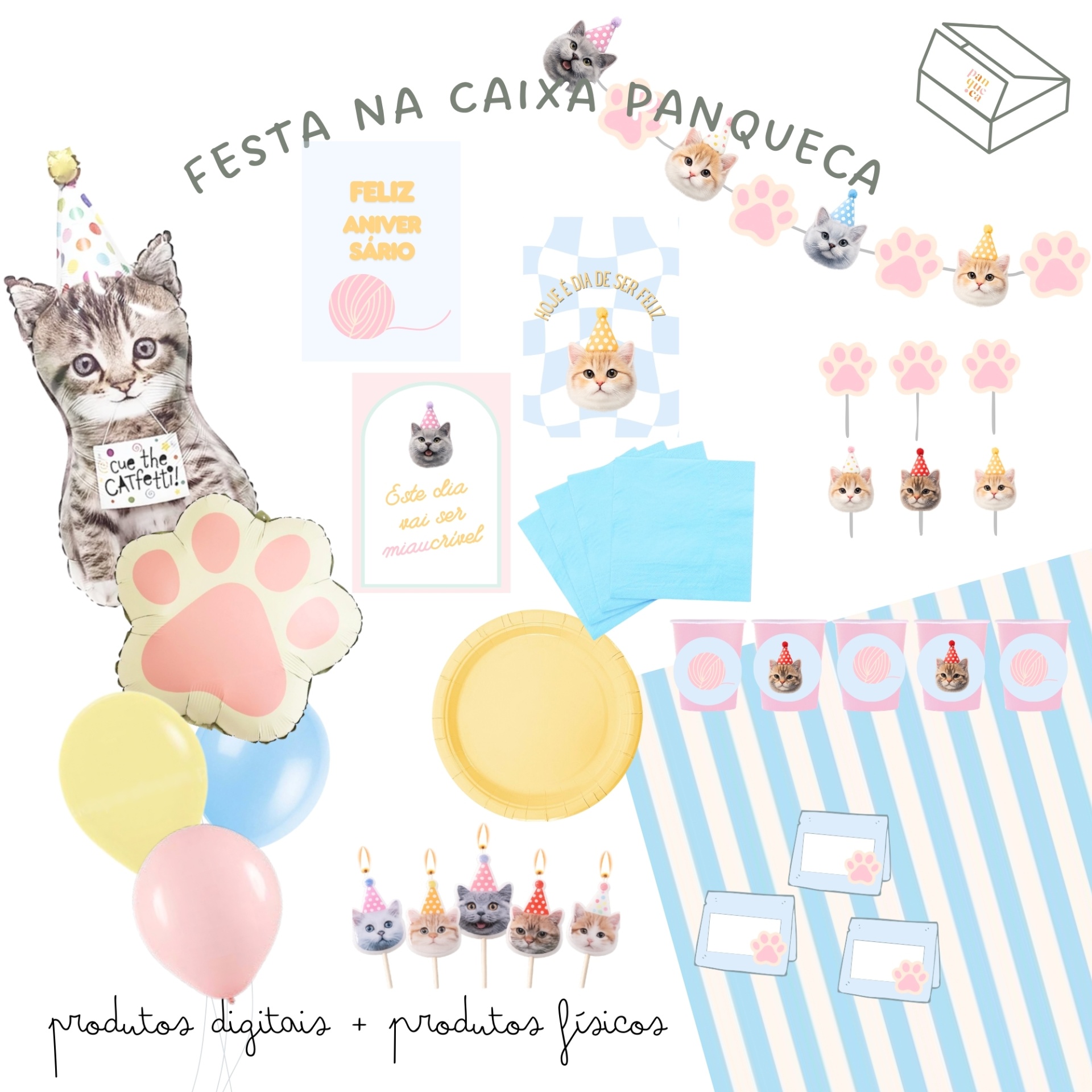 Decoração de festa com tema de gatos com balões coloridos, pratos, copos, toppers e cartazes em português.