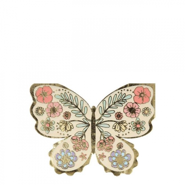 Borboleta decorativa com padrão floral colorido e contorno dourado