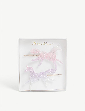 Ganchos de cabelo com brilho em forma de unicórnio e cavalo em embalagem branca