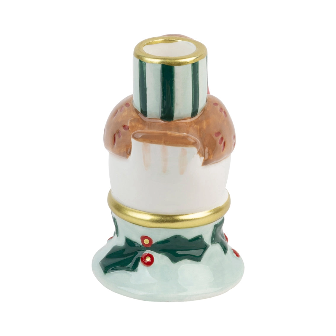 Figura decorativa em porcelana com base azul claro e folhas verdes com bagas vermelhas.