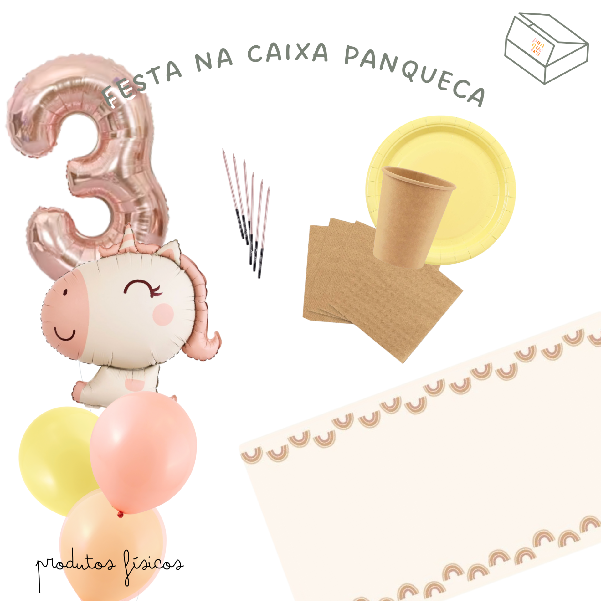 Conjunto de festa com balões, velas, pratos, copos, guardanapos e toalha de mesa decorativa.