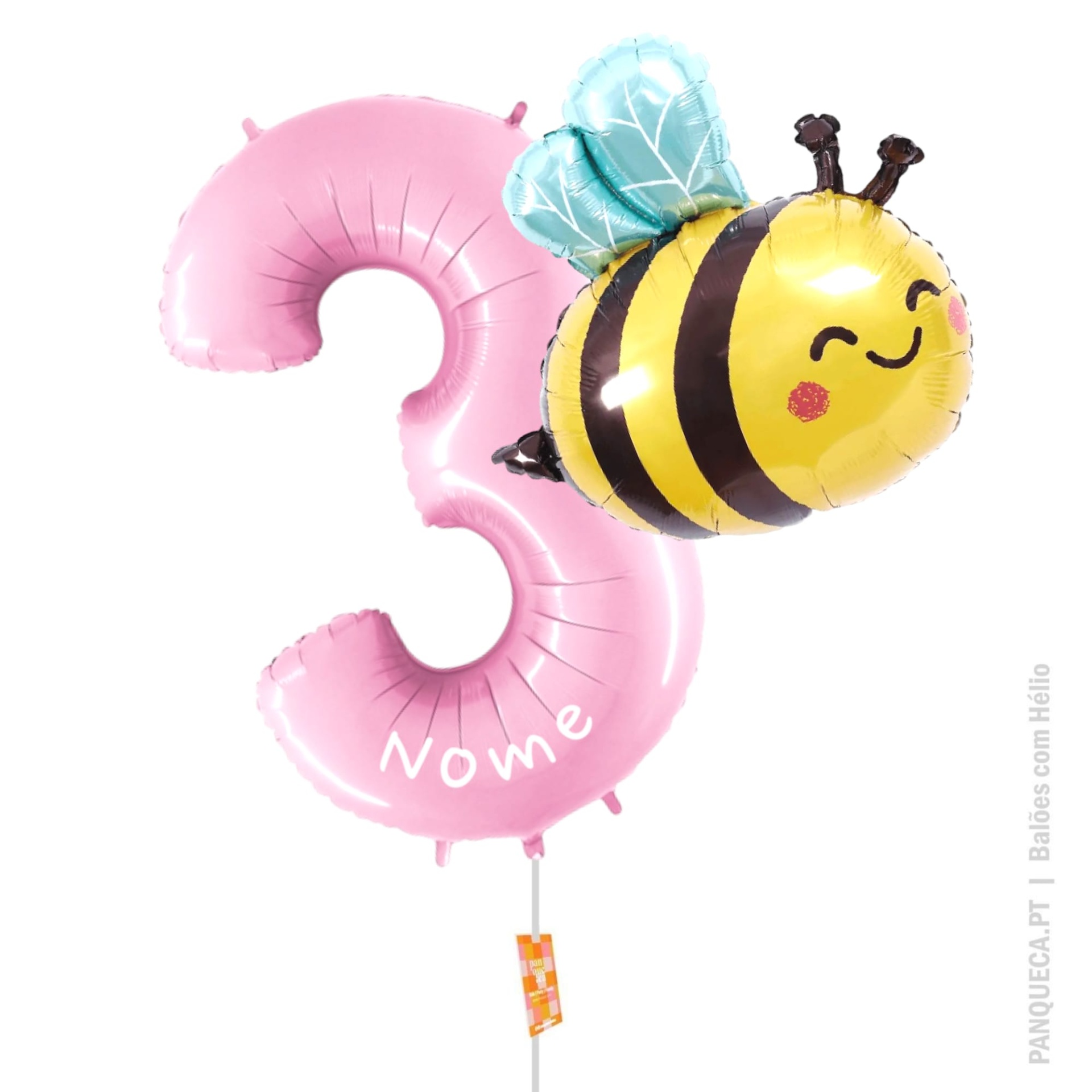 Balão metálico cor-de-rosa número 3 com balão abelha amarela e preta
