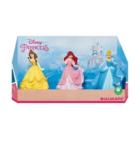 Conjunto de figuras das princesas Disney com embalagem azul e castelo ao fundo