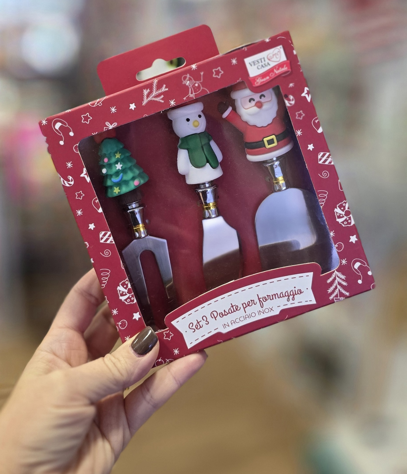 Conjunto de 3 facas para queijo com decoração natalícia em caixa vermelha