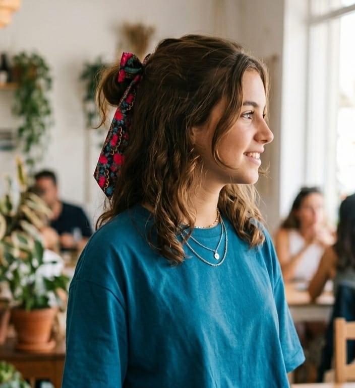 Pessoa com fita de tecido floral no cabelo e t-shirt azul em sala com plantas e pessoas ao fundo