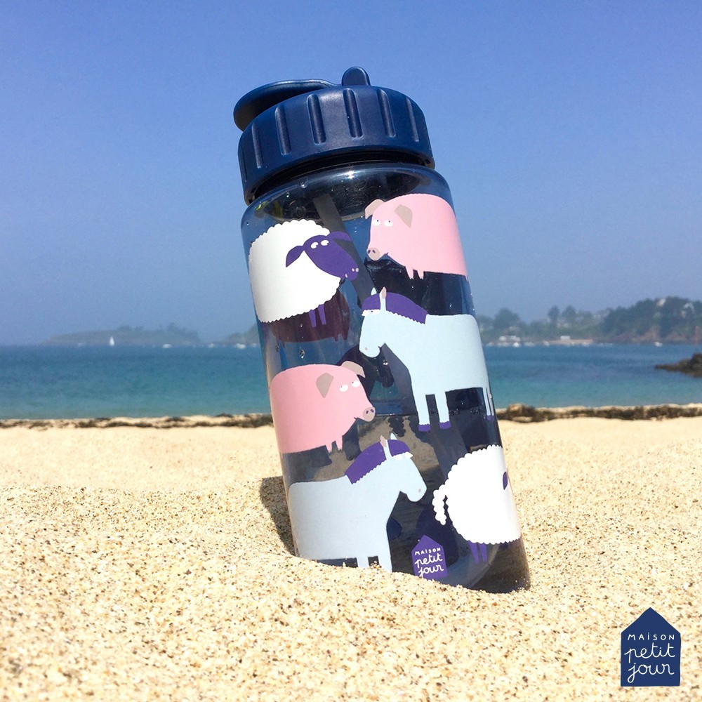 Garrafa de água com tampa azul e desenhos de animais coloridos na areia da praia