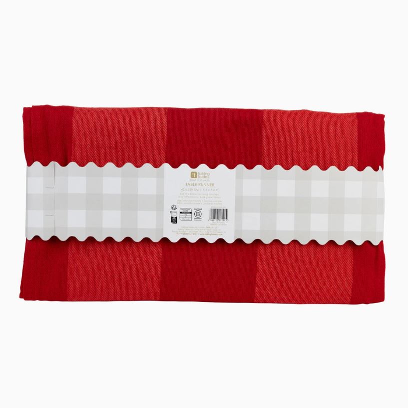Caminho de mesa vermelho riscado embalado com etiqueta branca quadriculada
