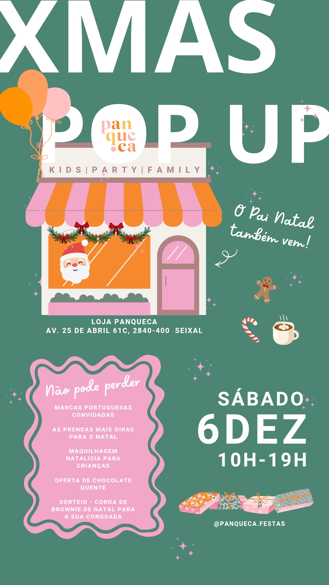 Xmas PopUp | Dia 6DEZ Cartaz de evento Natal Panqueca com loja ilustrada e texto de promoção