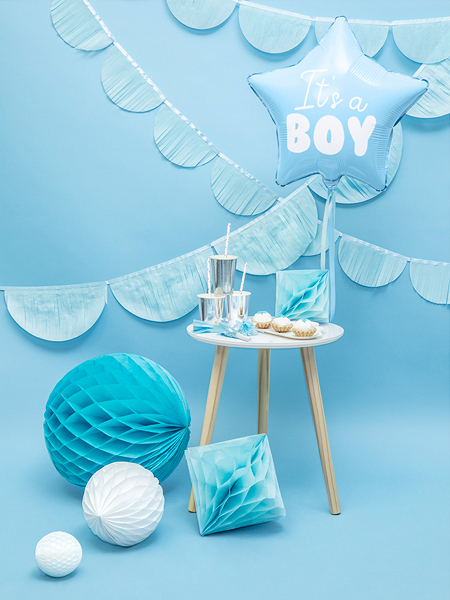 Decoração festa bebé azul com balão It's a BOY e guirlandas de papel