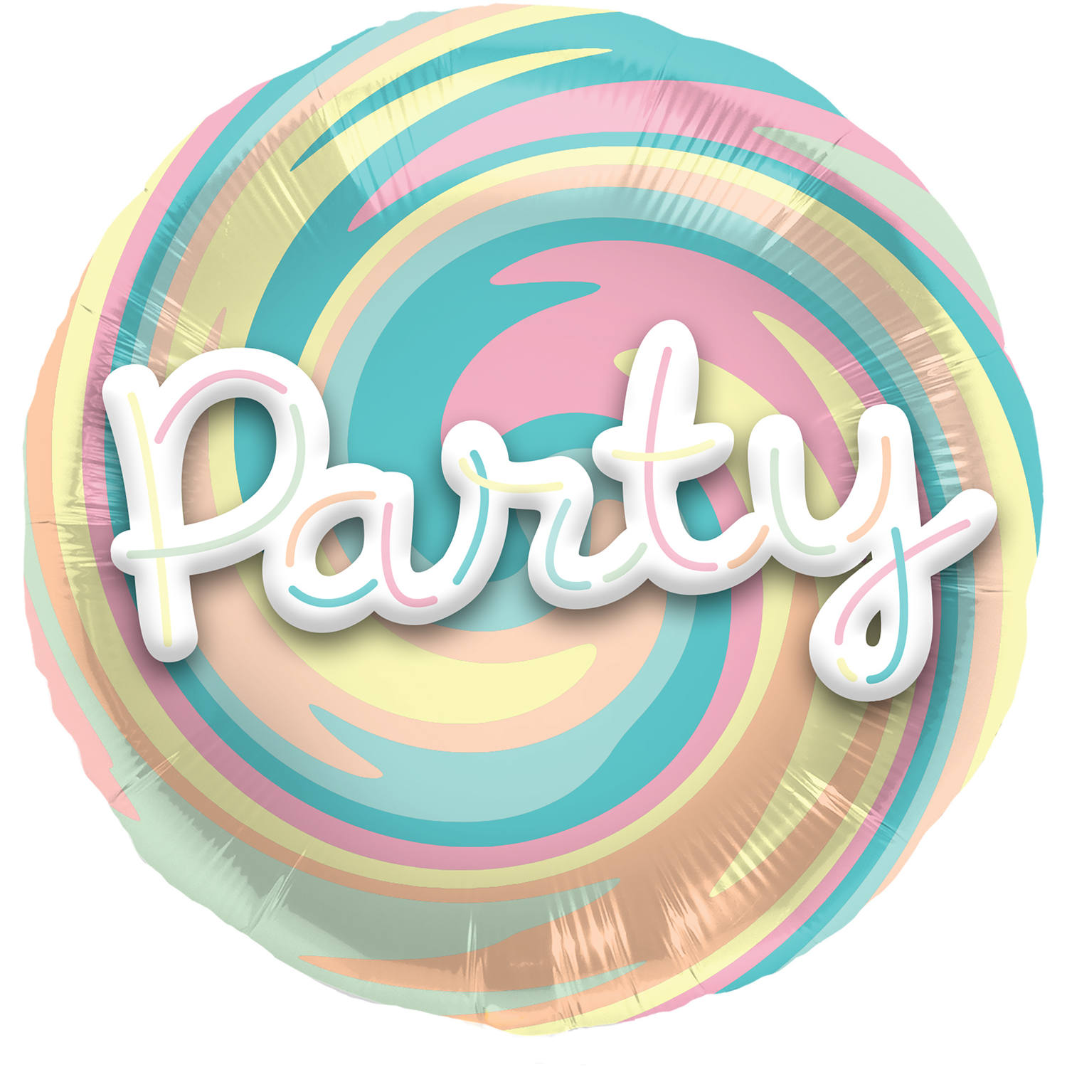 Balão de festa redondo com padrão espiral colorido e texto 'Party'