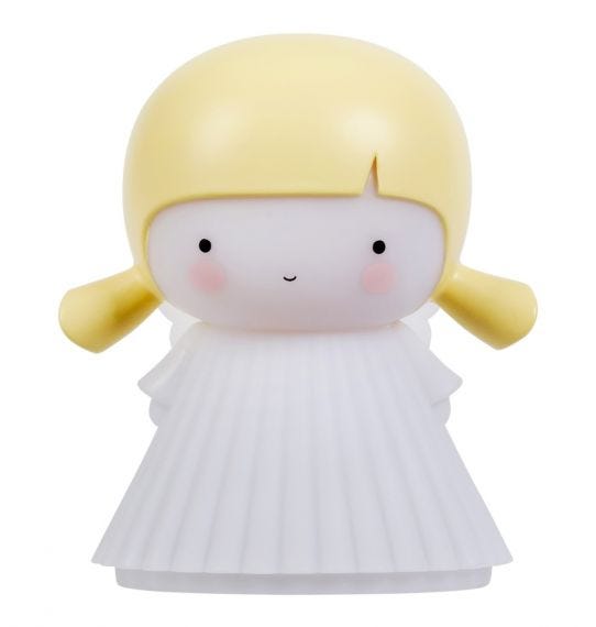 Figura decorativa de menina com cabelo amarelo e vestido branco texturizado