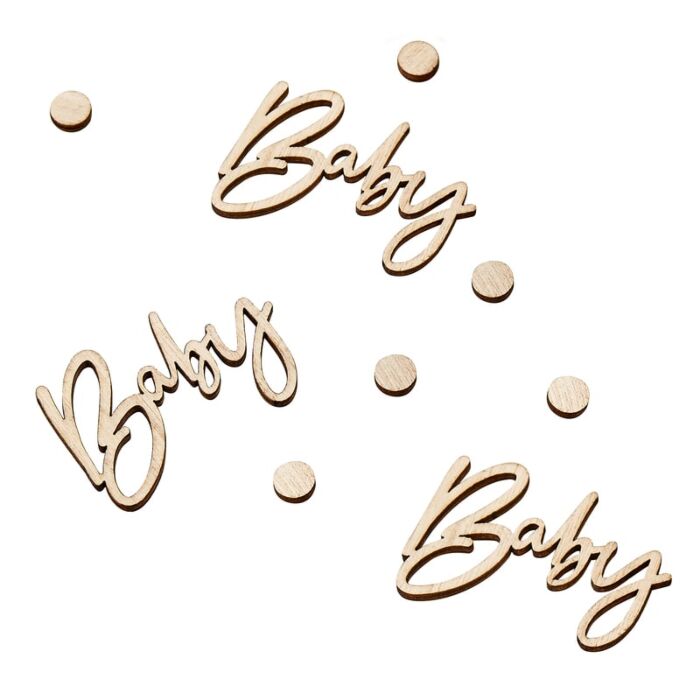 Decorações em madeira com a palavra 'Baby' e pequenos círculos de madeira