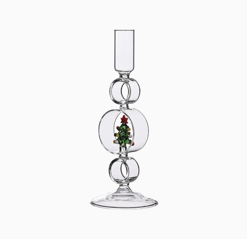 Castiçal de vidro com decoração de árvore de Natal