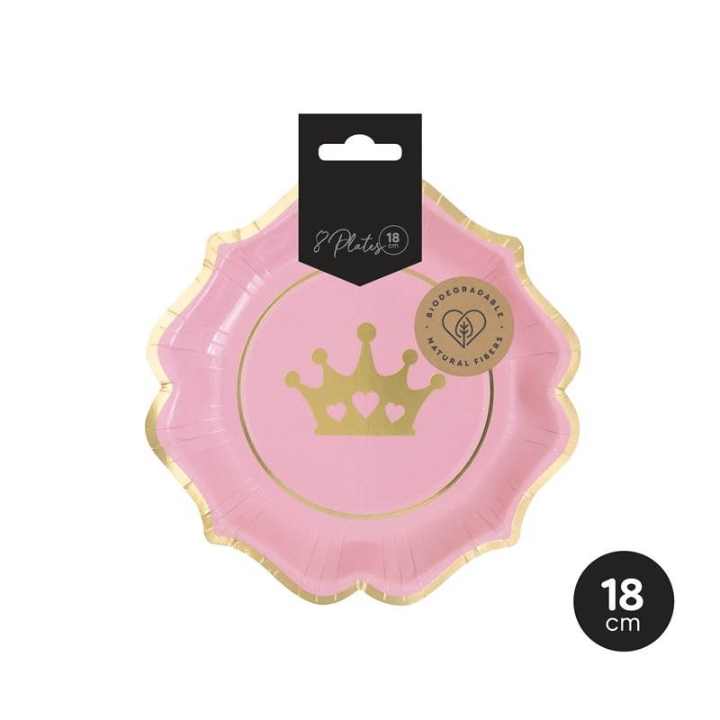 Prato descartável rosa com coroa dourada e borda dourada