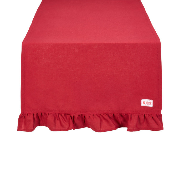 Toalha de mesa vermelha com aba franzida e etiqueta
