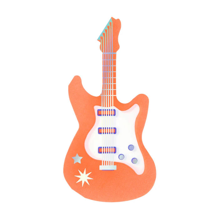 Guitarra elétrica cor de laranja com captadores roxos e detalhes de estrelas