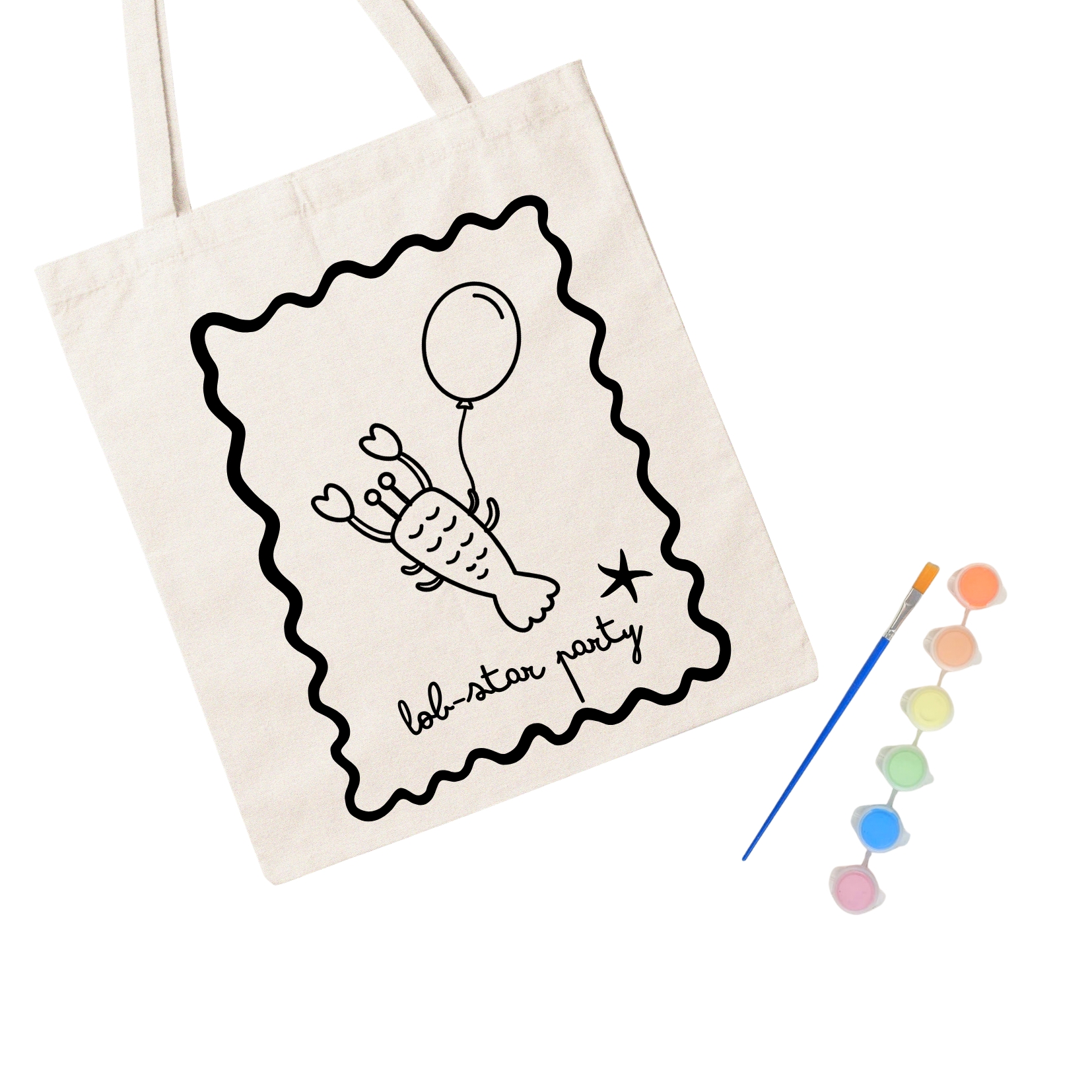 Saco de tecido com desenho de lagosta e balão e texto lob-star party