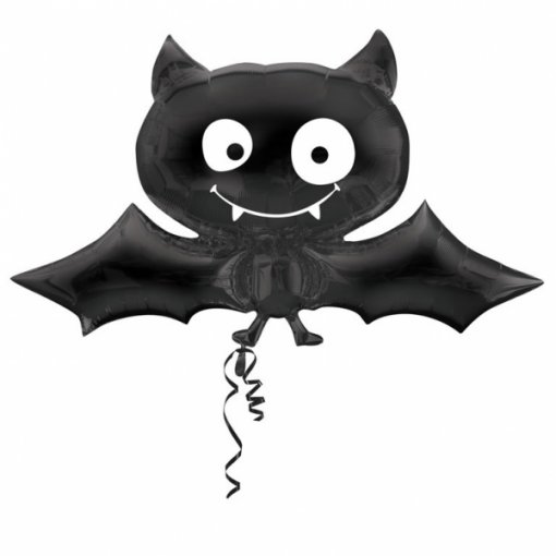 Balão preto em forma de morcego com olhos e dentes brancos