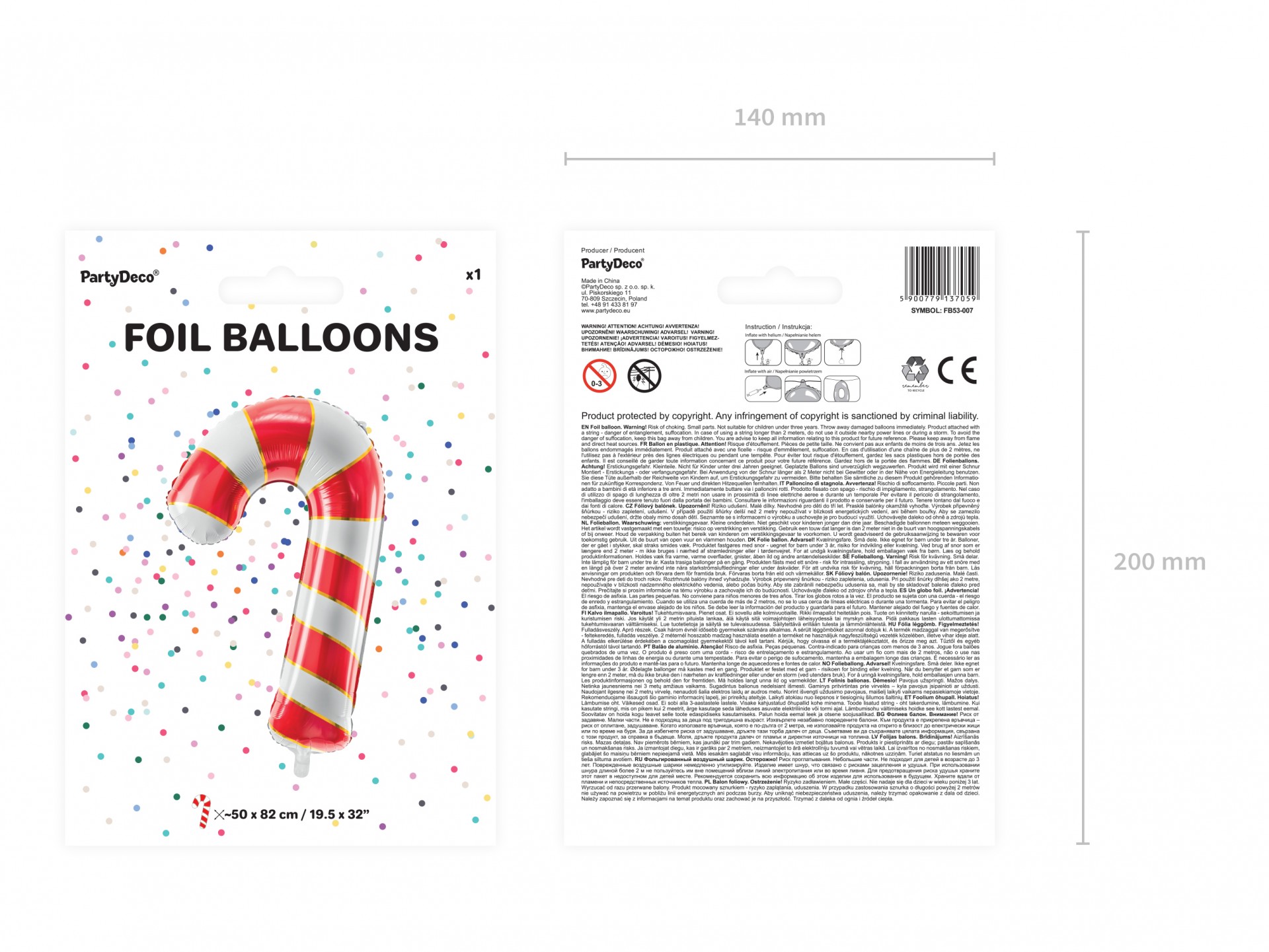 Embalagem de balão de folha metalizada em forma de bengala de Natal listrada a vermelho e branco