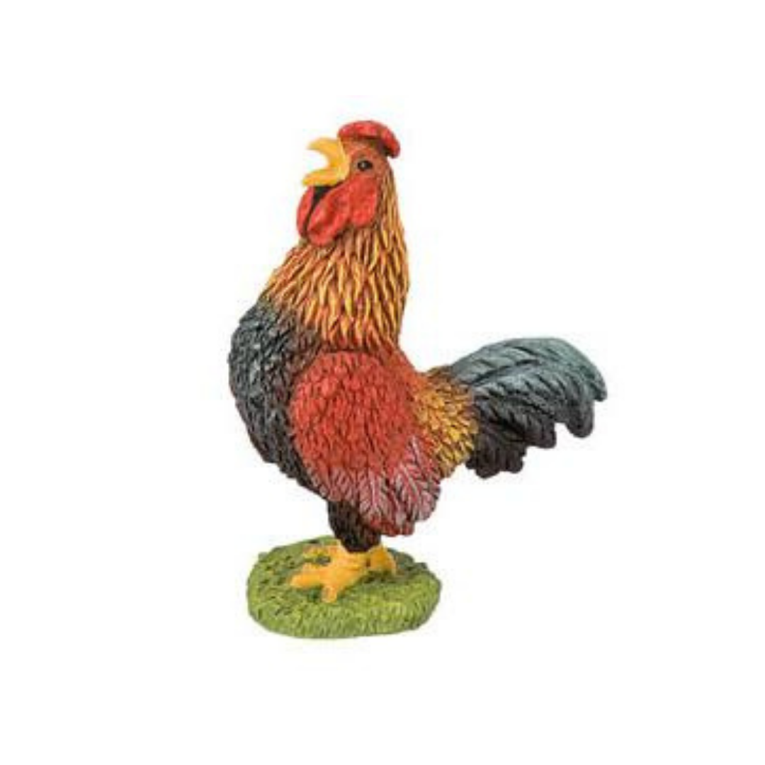 Figura decorativa de galo colorido em cerâmica/ resina sobre base verde