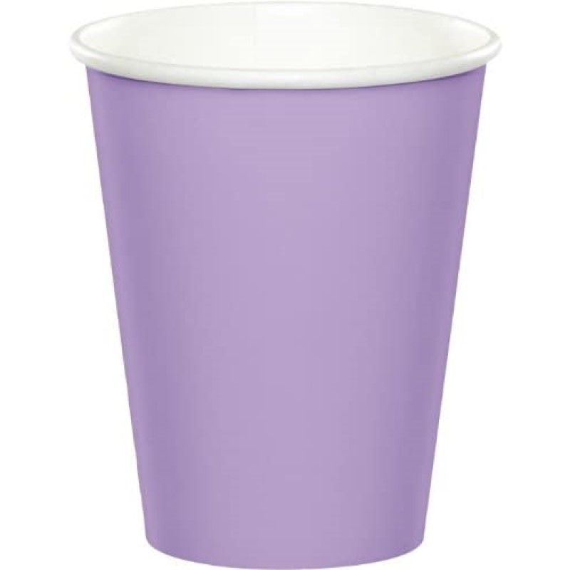 Copo descartável de papel lilás com interior branco