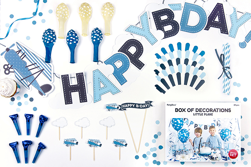 Kit de decorações para festa com tema 'HAPPY B-DAY' em azul e branco