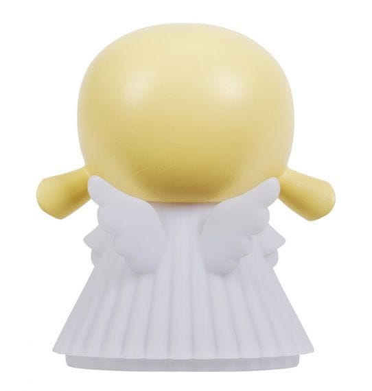 Figura pequena de anjo com asas e vestido branco vista de costas