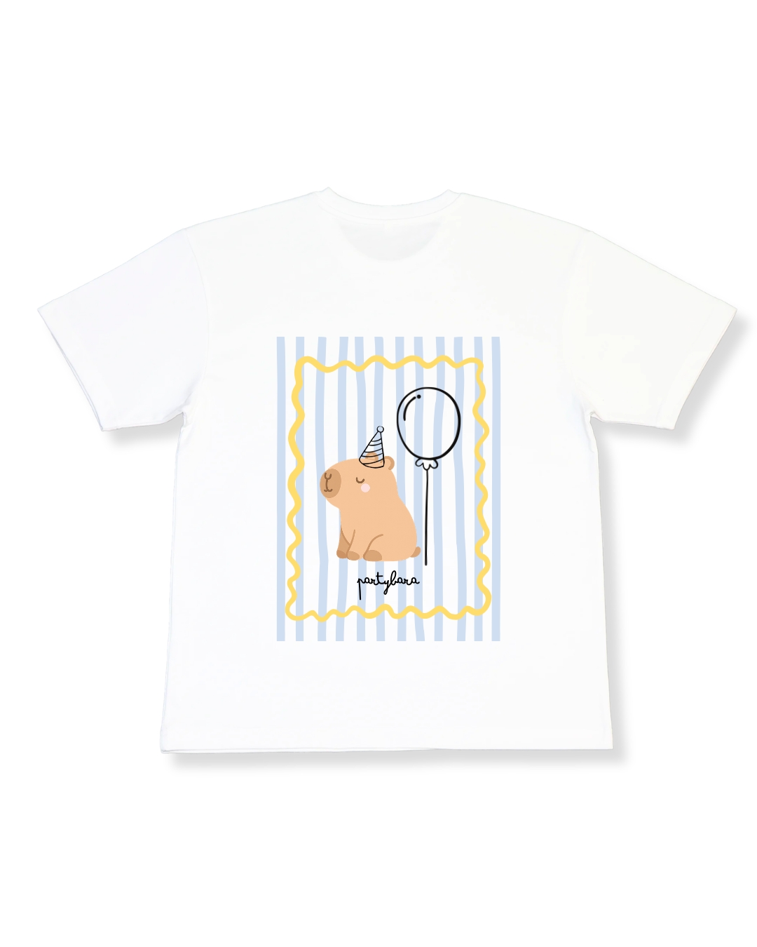 T-shirt branca com desenho de cão com chapéu de festa e balão