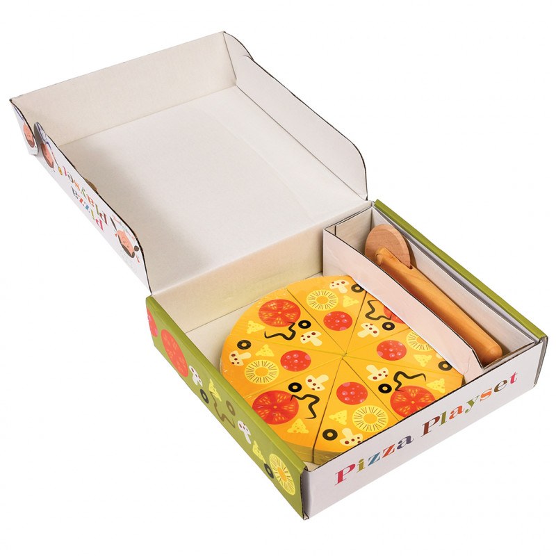 Jogo de pizza de madeira com seis fatias e utensílios numa caixa aberta