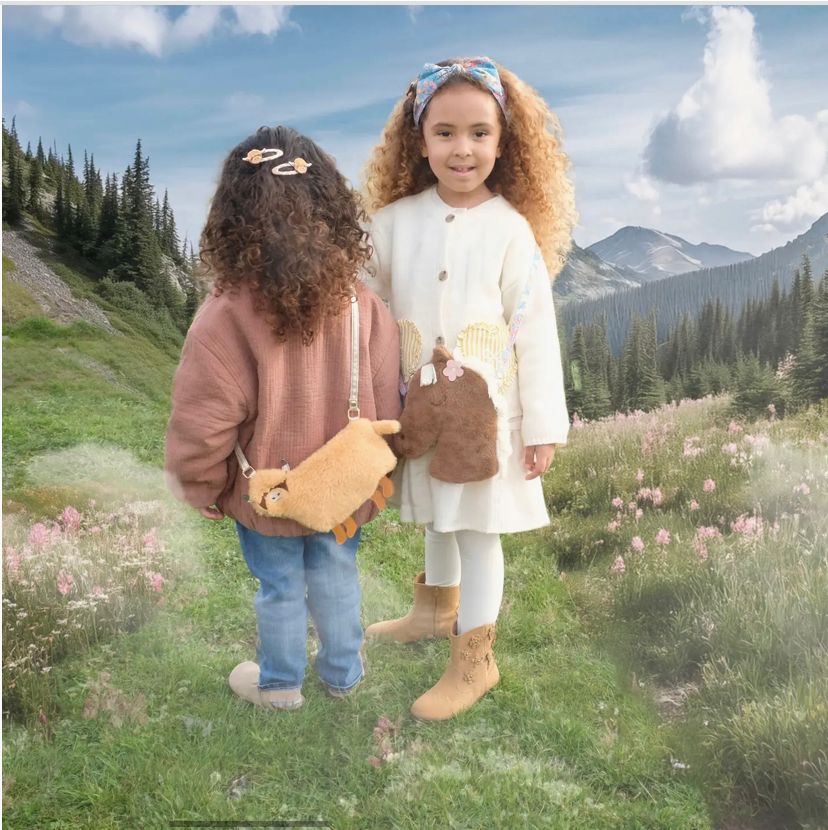 Duas crianças com casacos e bolsas peludas em campo verde com flores e montanhas ao fundo