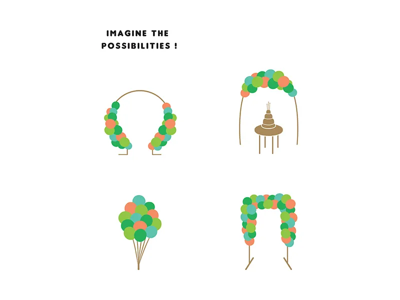 Decorações de balões coloridos em várias formas com texto IMAGINE THE POSSIBILITIES!