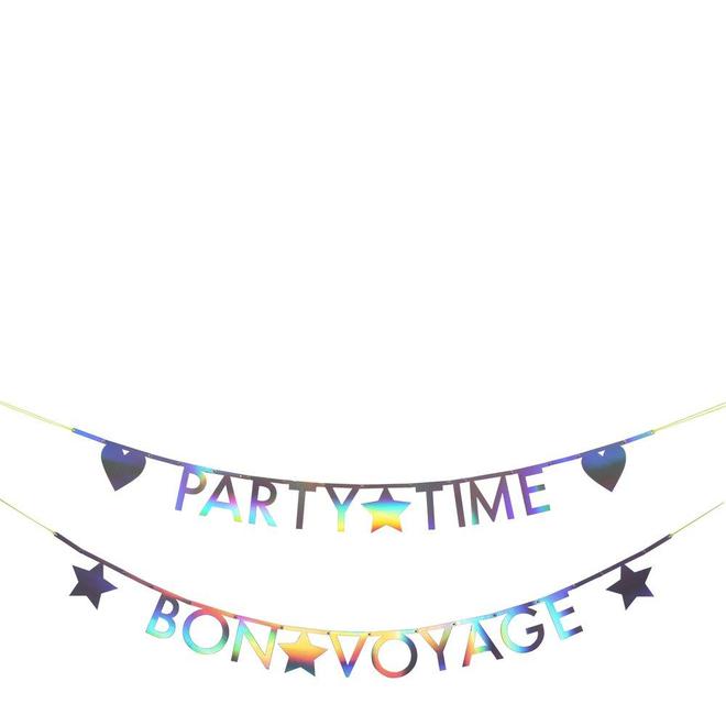 fitas decorativas com mensagens PARTY TIME e BON VOYAGE