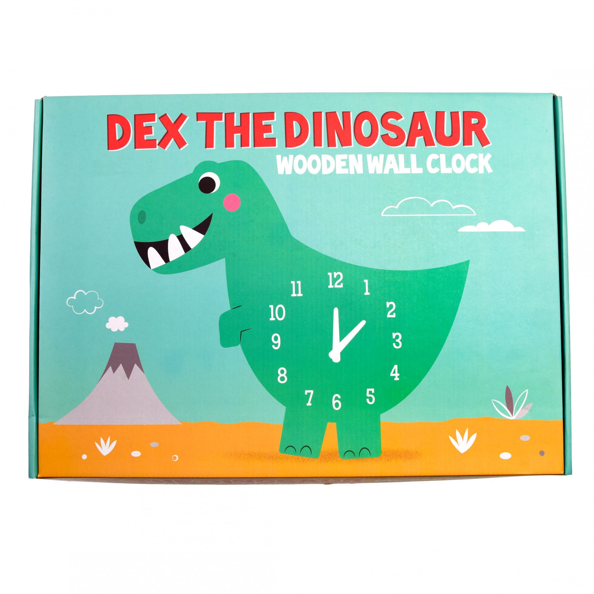 Embalagem de relógio de parede de madeira em forma de dinossauro verde com texto 'DEX THE DINOSAUR WOODEN WALL CLOCK'