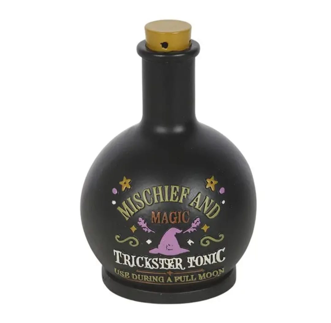 Frasco preto decorativo com texto e imagem de chapéu de bruxa
