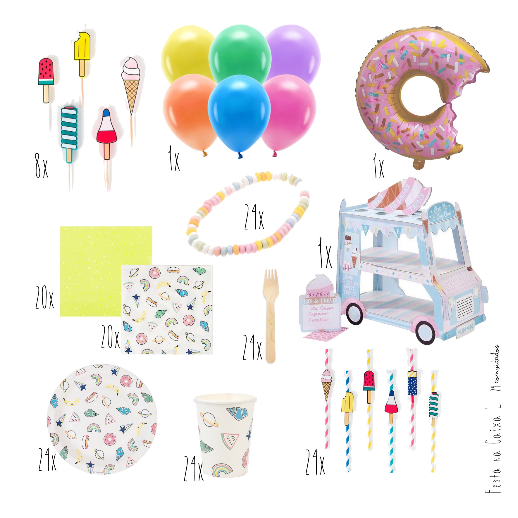Conjunto de artigos para festa infantil com balões, carrinho de gelados, pratos, copos, guardanapos, colares de doces, garfos e toppers de gelado.